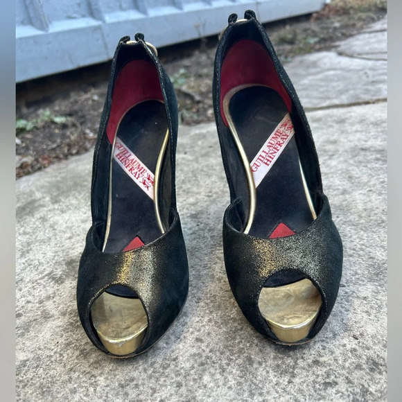 Guillaume Hinfray black and  gold peep toe heel, size 37.5 - Picture 4 of 16